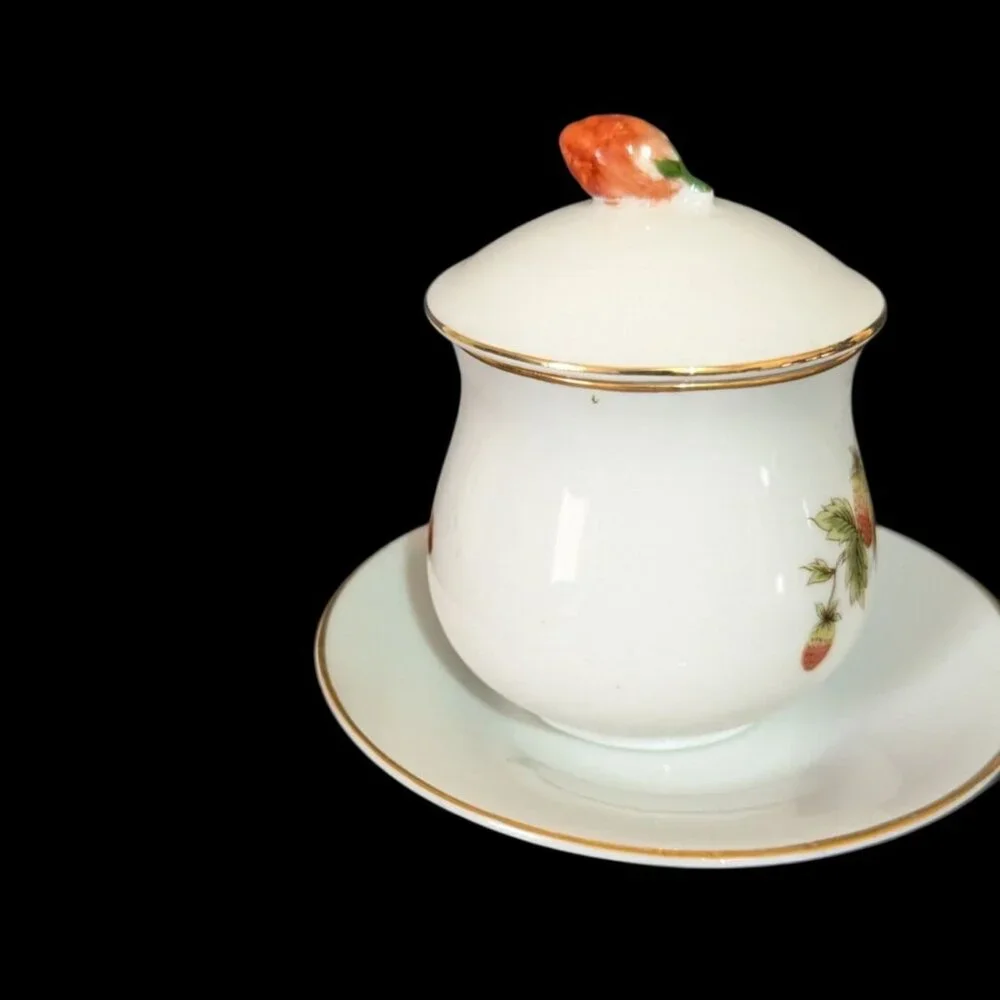 Shafford Fine Porcelain‎  Jam/Jelly Jar With Lid  Saucer Strawberry Design